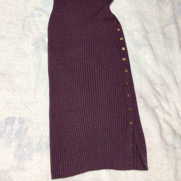Purple dress below the knee with gold button detail on shoulder and up the leg. - Picture 2 of 6